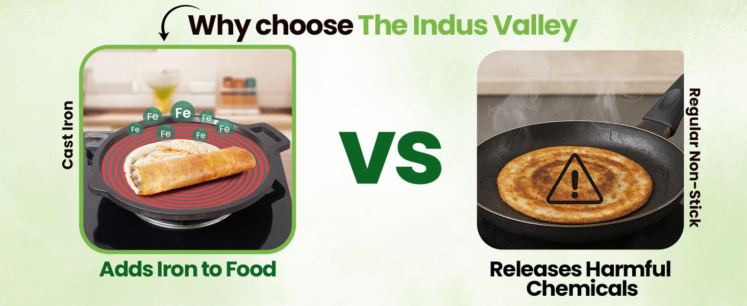 Why choose cast iron: adds iron to food, vs non-stick releasing harmful chemicals