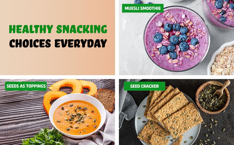 Healthy snacking choices: smoothie bowls, toppings, seed crackers
