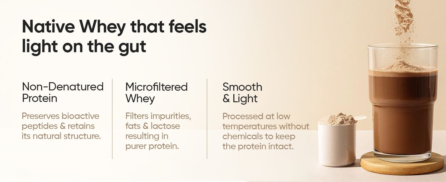 Native whey that feels light on the gut: non-denatured, microfiltered, smooth